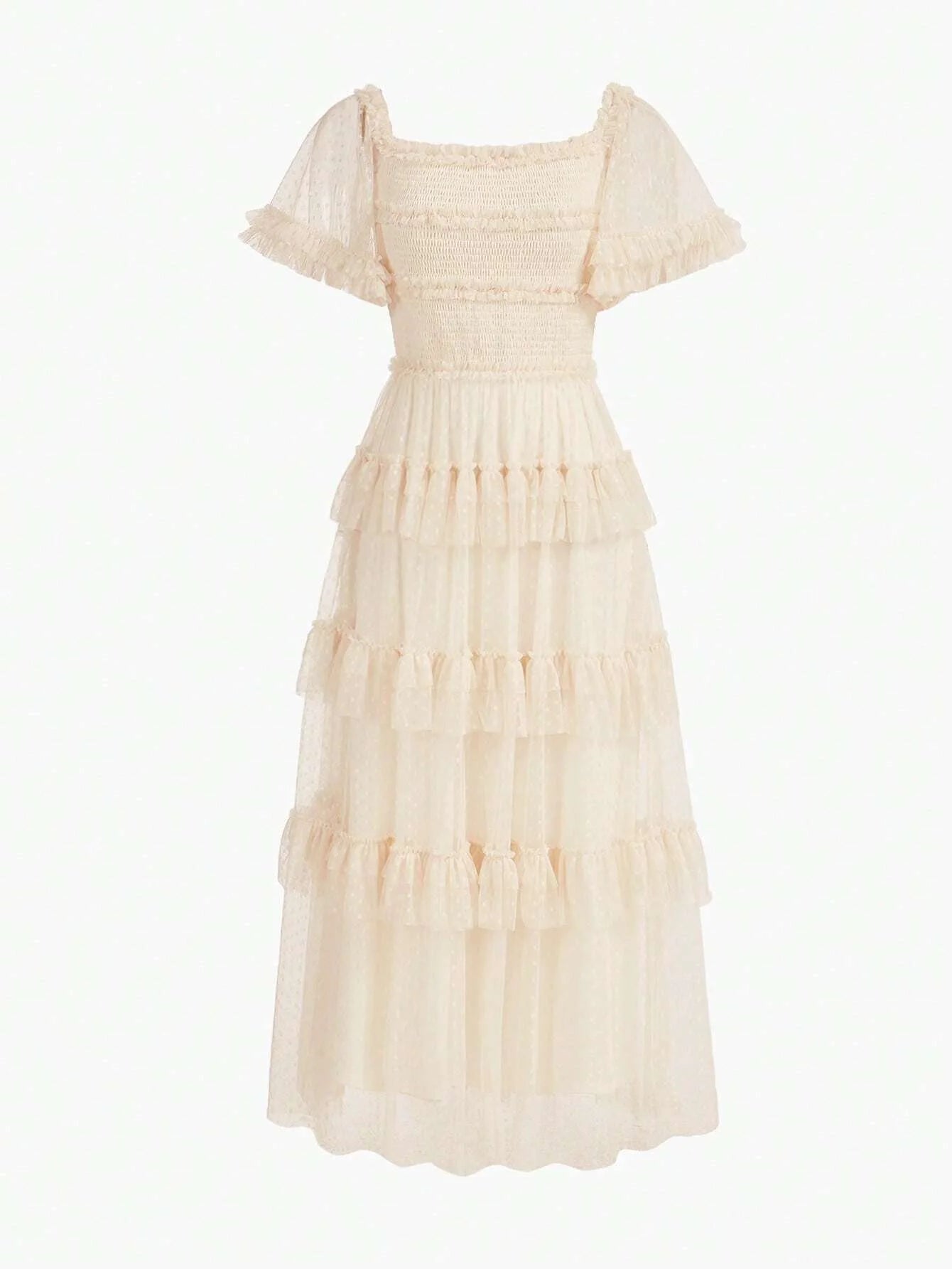 PREMIUM DOBBY MESH OVERLAY OFF SHOULDER SHIRRED BODICE LAYERED RUFFLE TRIM MAXI DRESS WOMEN OUTFIT