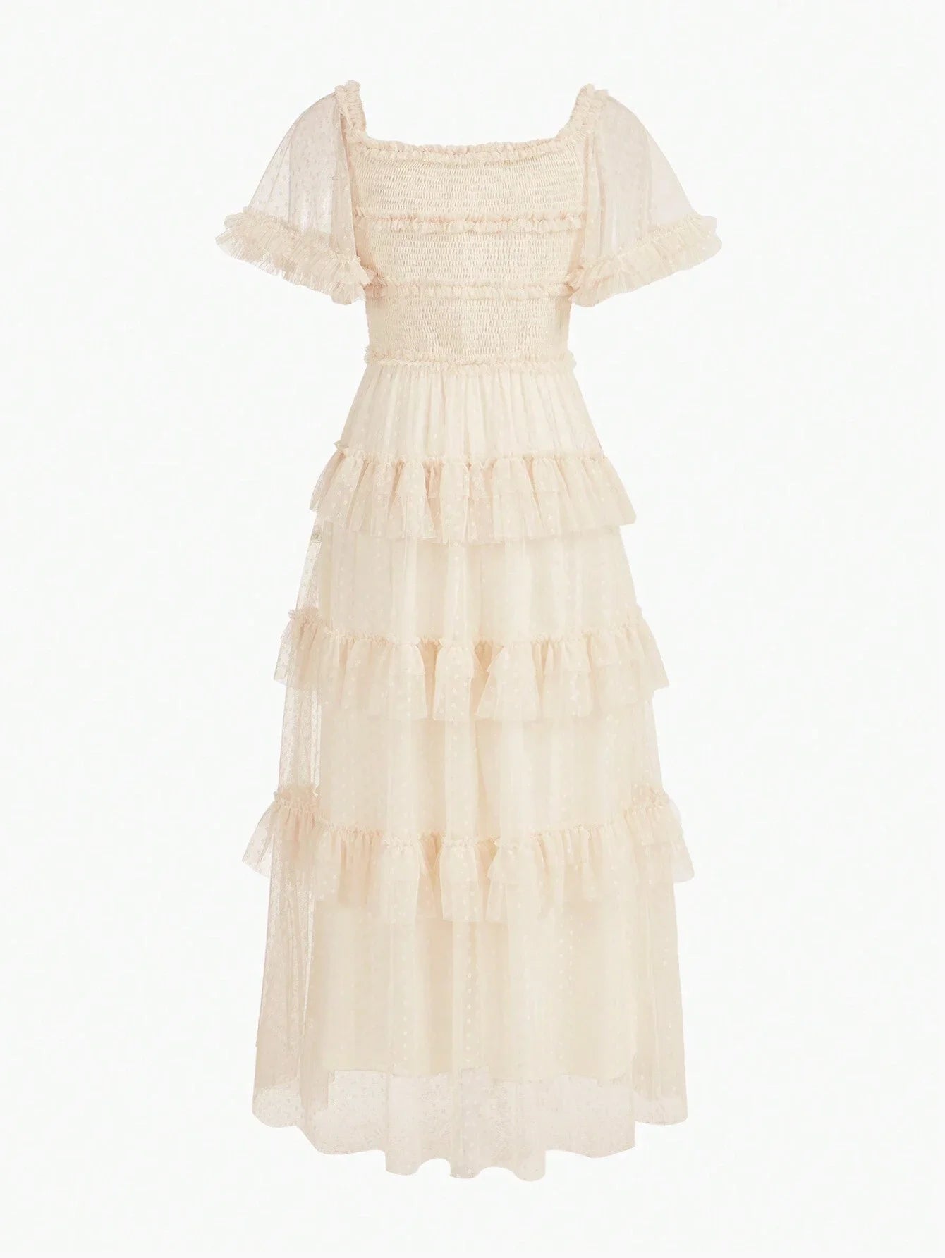 PREMIUM DOBBY MESH OVERLAY OFF SHOULDER SHIRRED BODICE LAYERED RUFFLE TRIM MAXI DRESS WOMEN OUTFIT