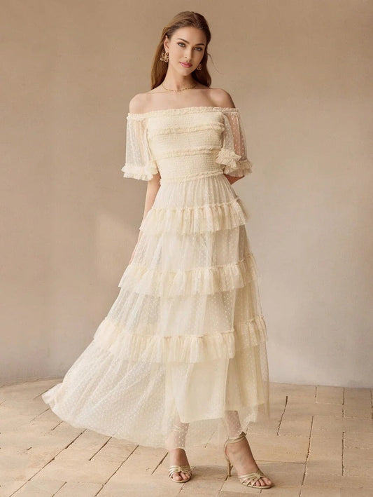 PREMIUM DOBBY MESH OVERLAY OFF SHOULDER SHIRRED BODICE LAYERED RUFFLE TRIM MAXI DRESS WOMEN OUTFIT