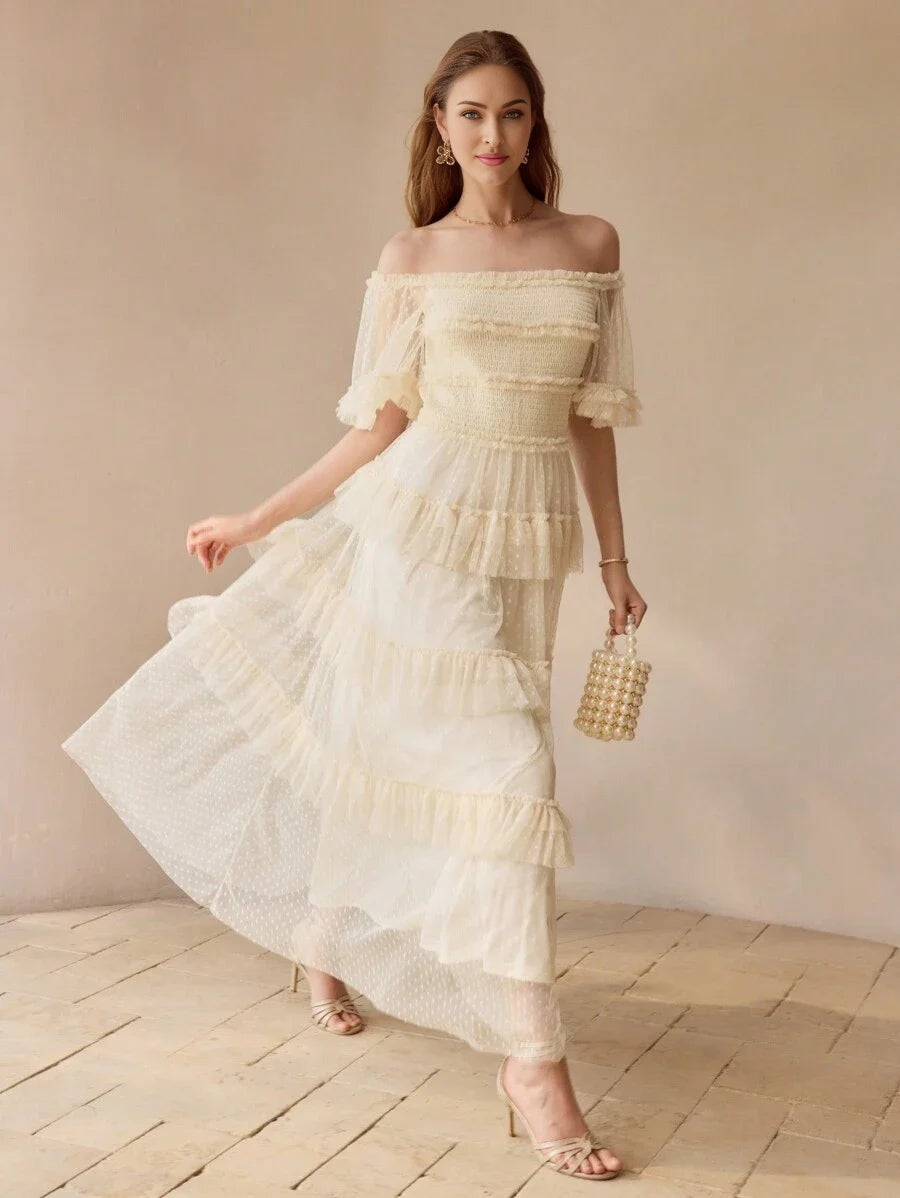PREMIUM DOBBY MESH OVERLAY OFF SHOULDER SHIRRED BODICE LAYERED RUFFLE TRIM MAXI DRESS WOMEN OUTFIT