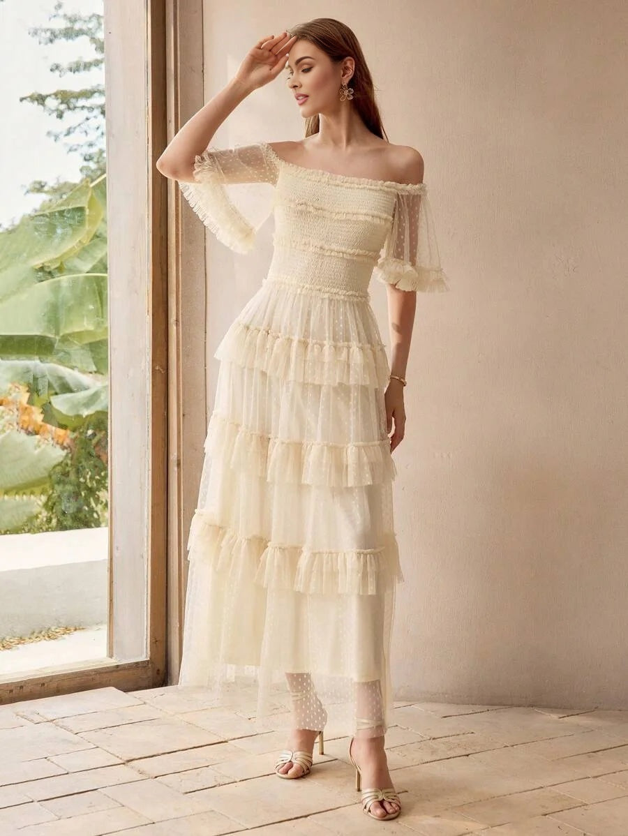 PREMIUM DOBBY MESH OVERLAY OFF SHOULDER SHIRRED BODICE LAYERED RUFFLE TRIM MAXI DRESS WOMEN OUTFIT