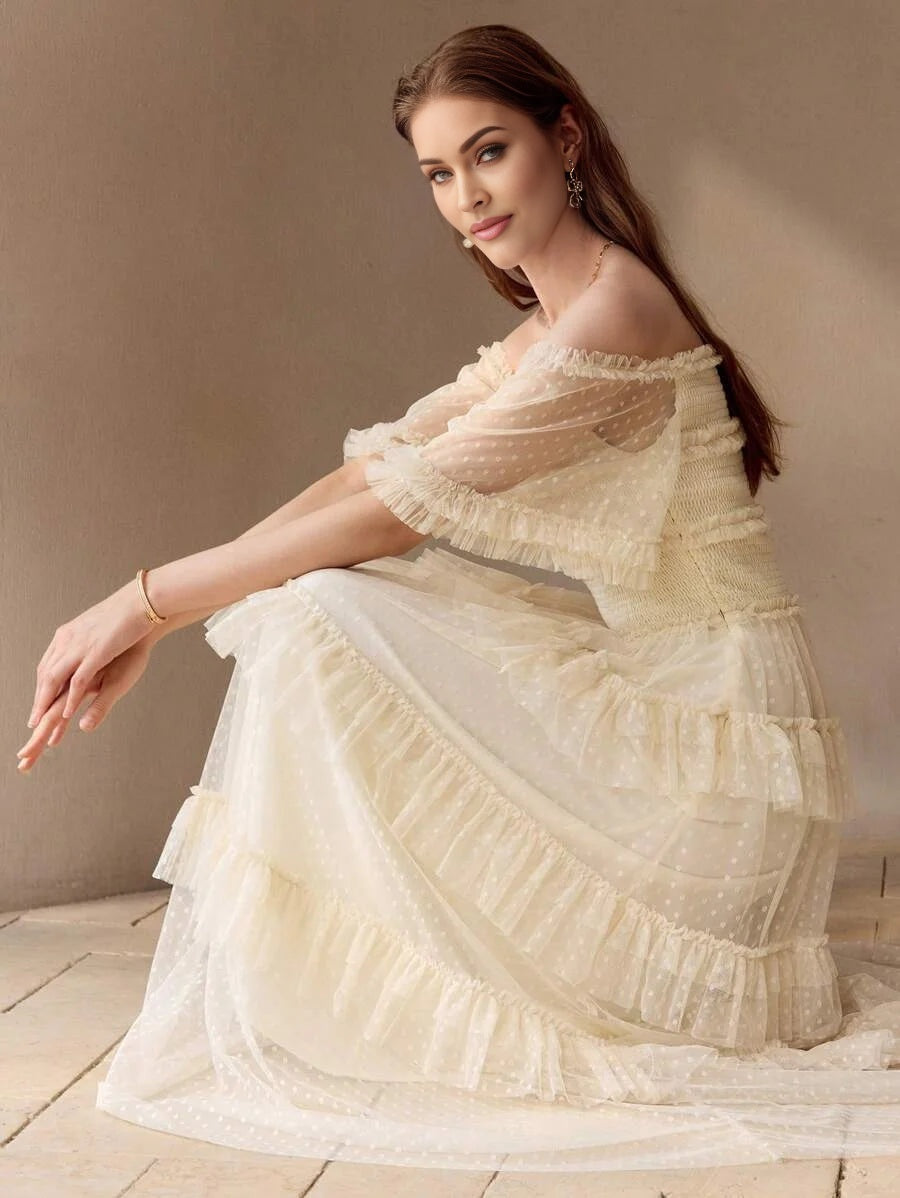 PREMIUM DOBBY MESH OVERLAY OFF SHOULDER SHIRRED BODICE LAYERED RUFFLE TRIM MAXI DRESS WOMEN OUTFIT