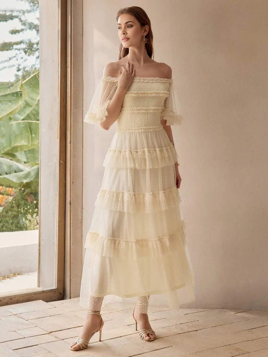 PREMIUM DOBBY MESH OVERLAY OFF SHOULDER SHIRRED BODICE LAYERED RUFFLE TRIM MAXI DRESS WOMEN OUTFIT