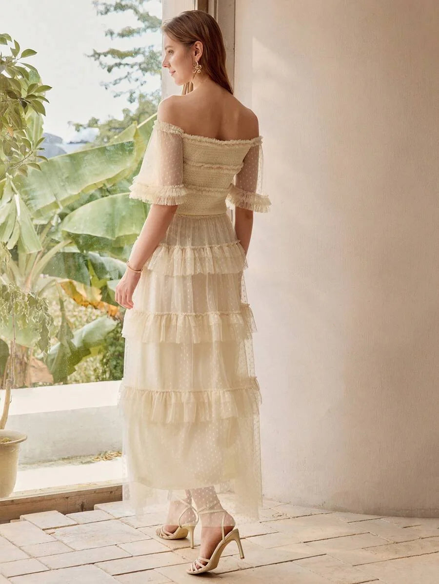 PREMIUM DOBBY MESH OVERLAY OFF SHOULDER SHIRRED BODICE LAYERED RUFFLE TRIM MAXI DRESS WOMEN OUTFIT