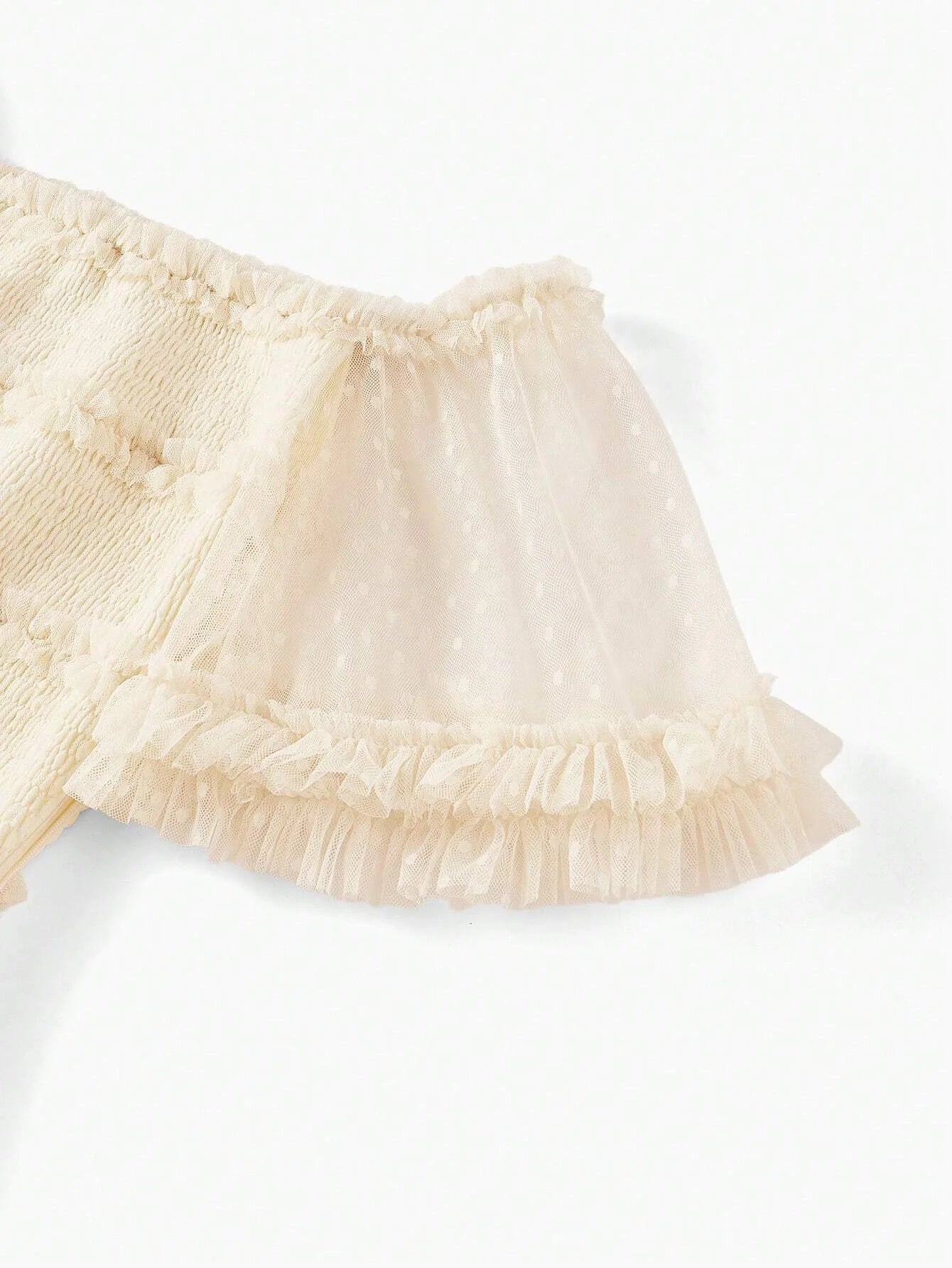 PREMIUM DOBBY MESH OVERLAY OFF SHOULDER SHIRRED BODICE LAYERED RUFFLE TRIM MAXI DRESS WOMEN OUTFIT