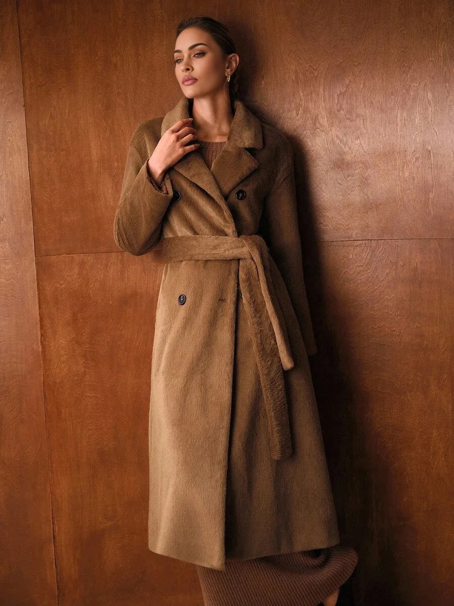 PREMIUM DOUBLE BREASTED BELTED FAUX FUR COAT