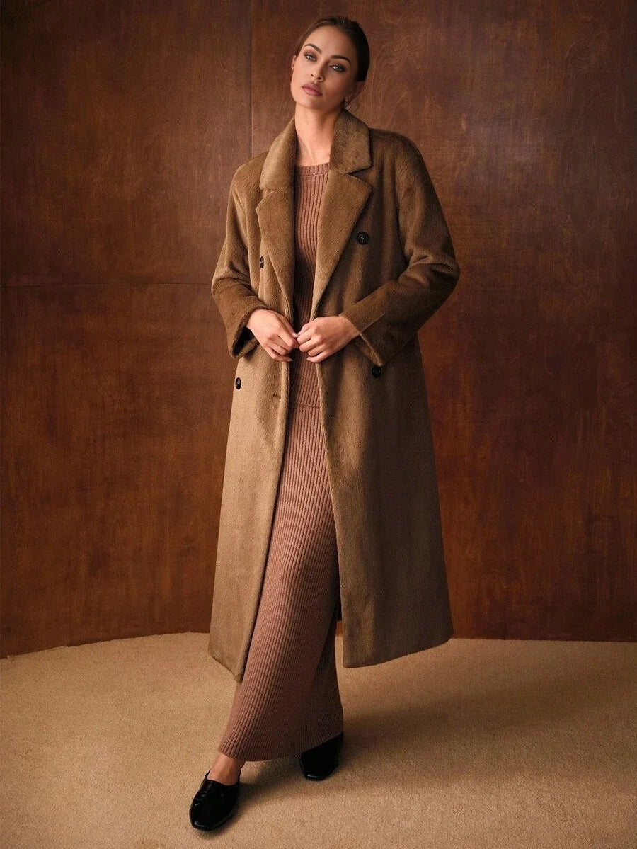 PREMIUM DOUBLE BREASTED BELTED FAUX FUR COAT