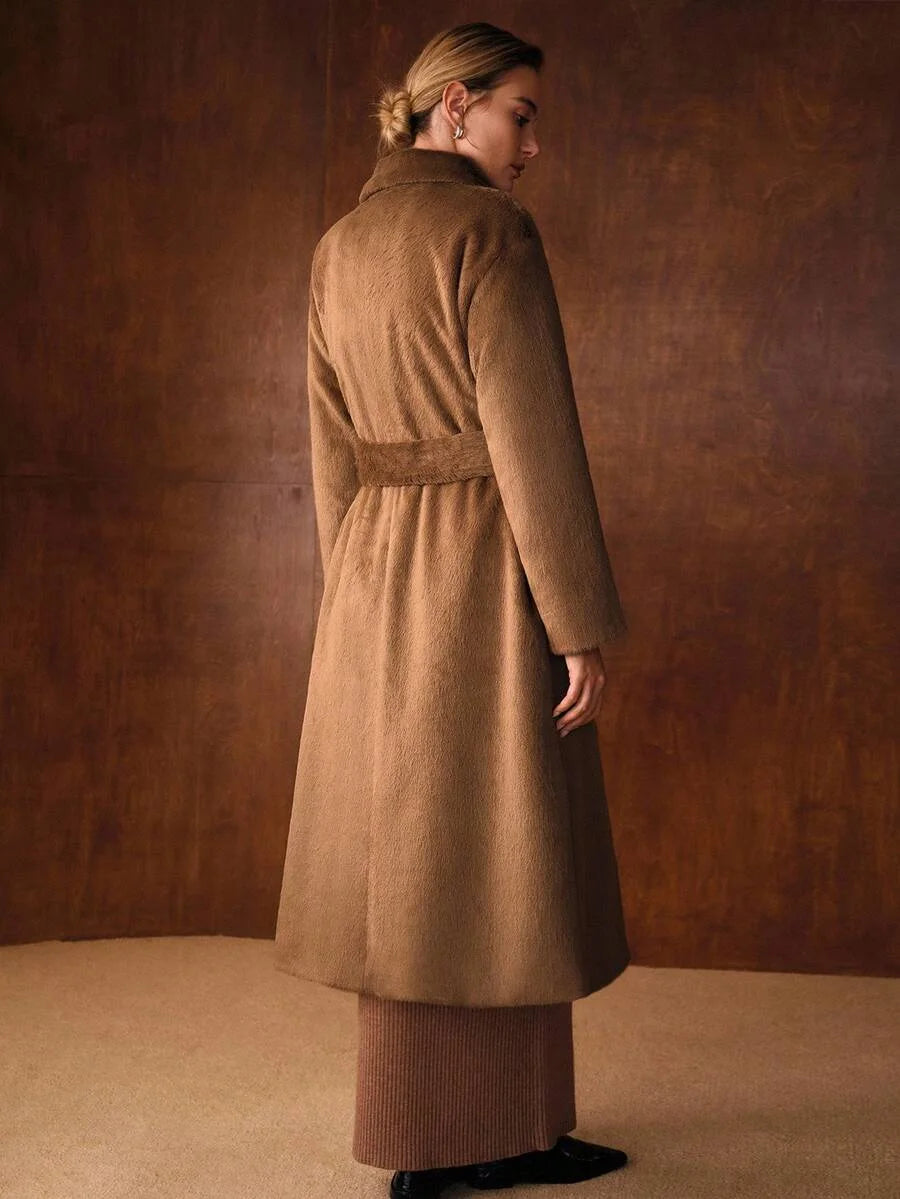 PREMIUM DOUBLE BREASTED BELTED FAUX FUR COAT