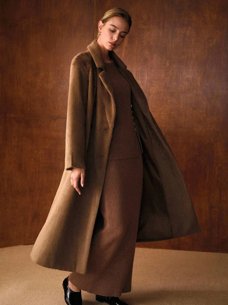 PREMIUM DOUBLE BREASTED BELTED FAUX FUR COAT