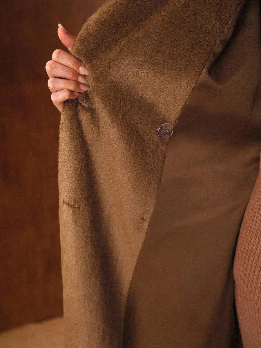 PREMIUM DOUBLE BREASTED BELTED FAUX FUR COAT