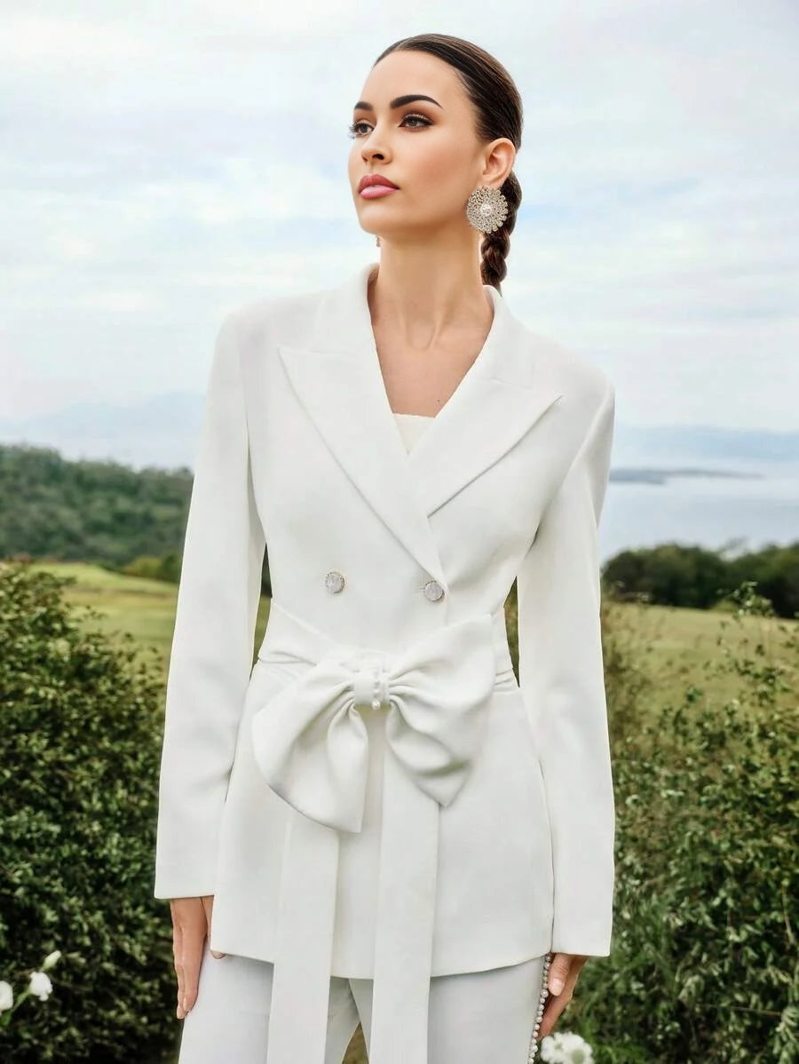 PREMIUM DOUBLE BREASTED BOW DECOR BELTED BLAZER