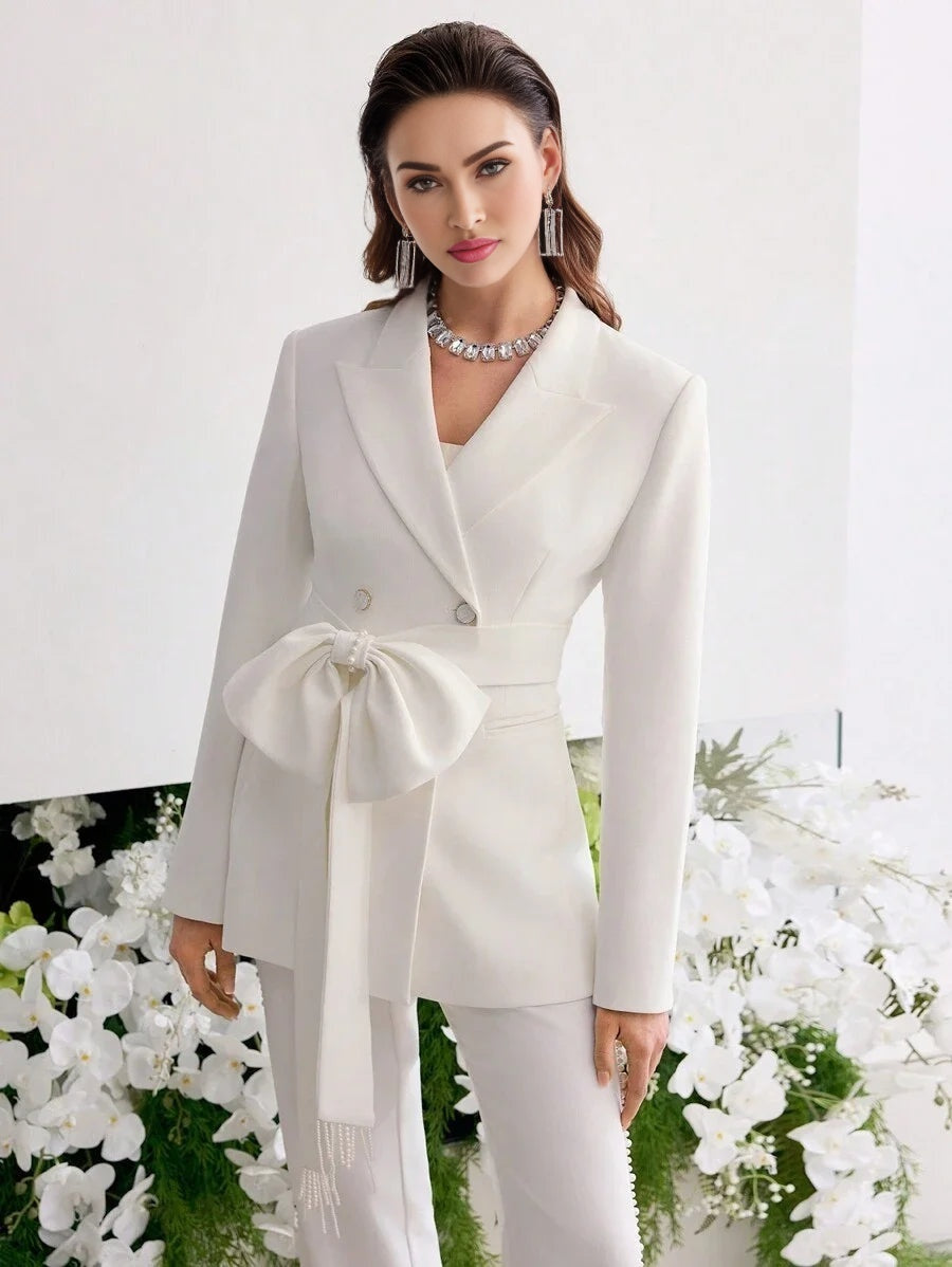 PREMIUM DOUBLE BREASTED BOW DECOR BELTED BLAZER