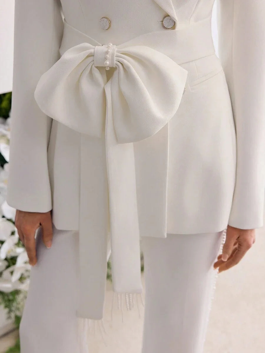 PREMIUM DOUBLE BREASTED BOW DECOR BELTED BLAZER
