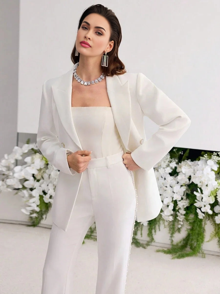 PREMIUM DOUBLE BREASTED BOW DECOR BELTED BLAZER