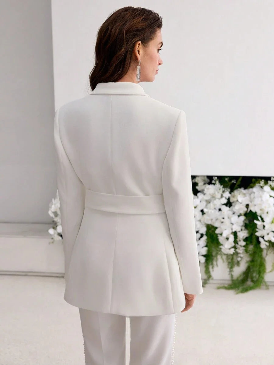 PREMIUM DOUBLE BREASTED BOW DECOR BELTED BLAZER