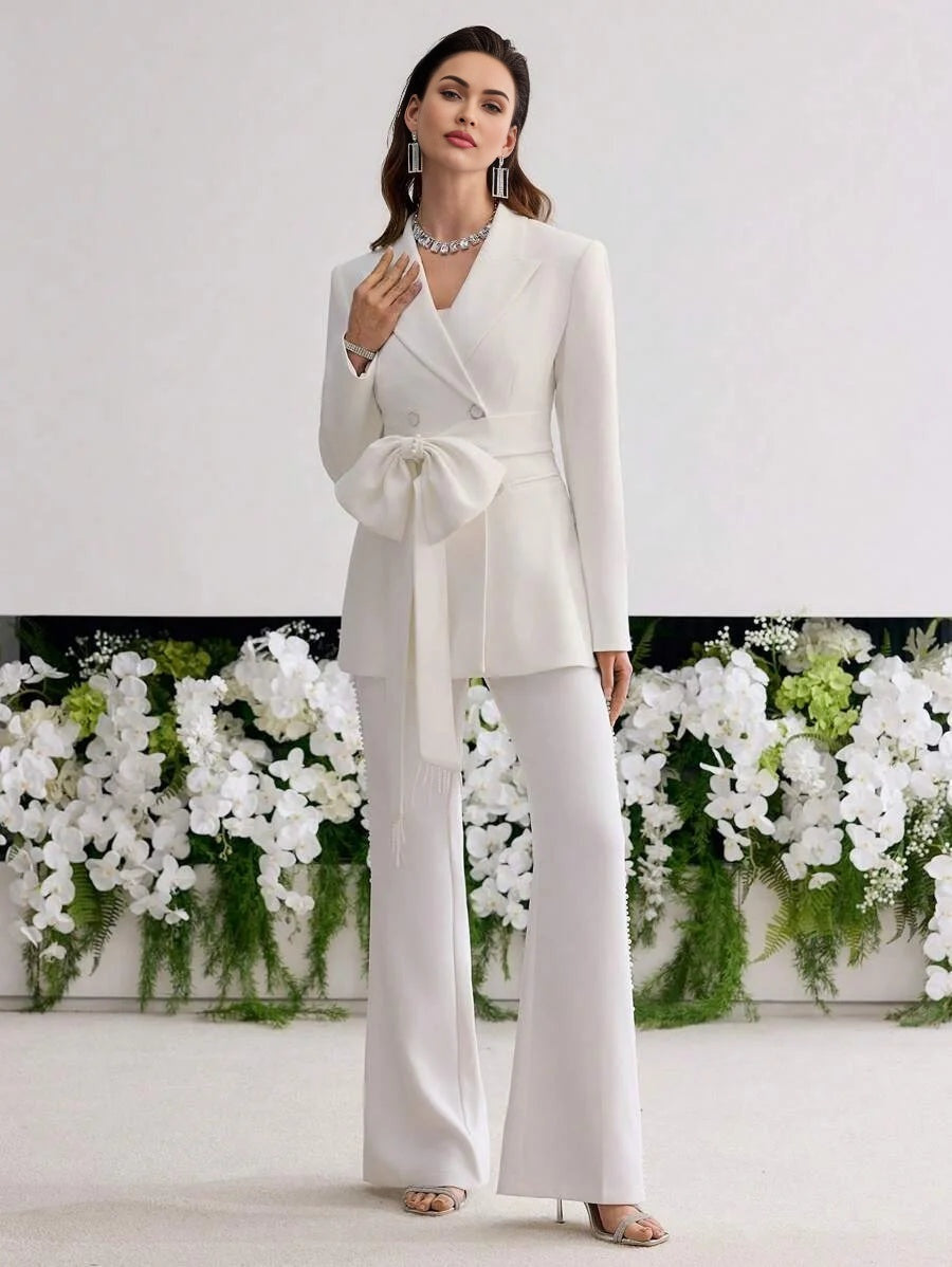 PREMIUM DOUBLE BREASTED BOW DECOR BELTED BLAZER