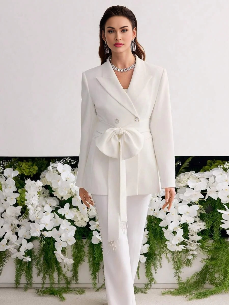 PREMIUM DOUBLE BREASTED BOW DECOR BELTED BLAZER