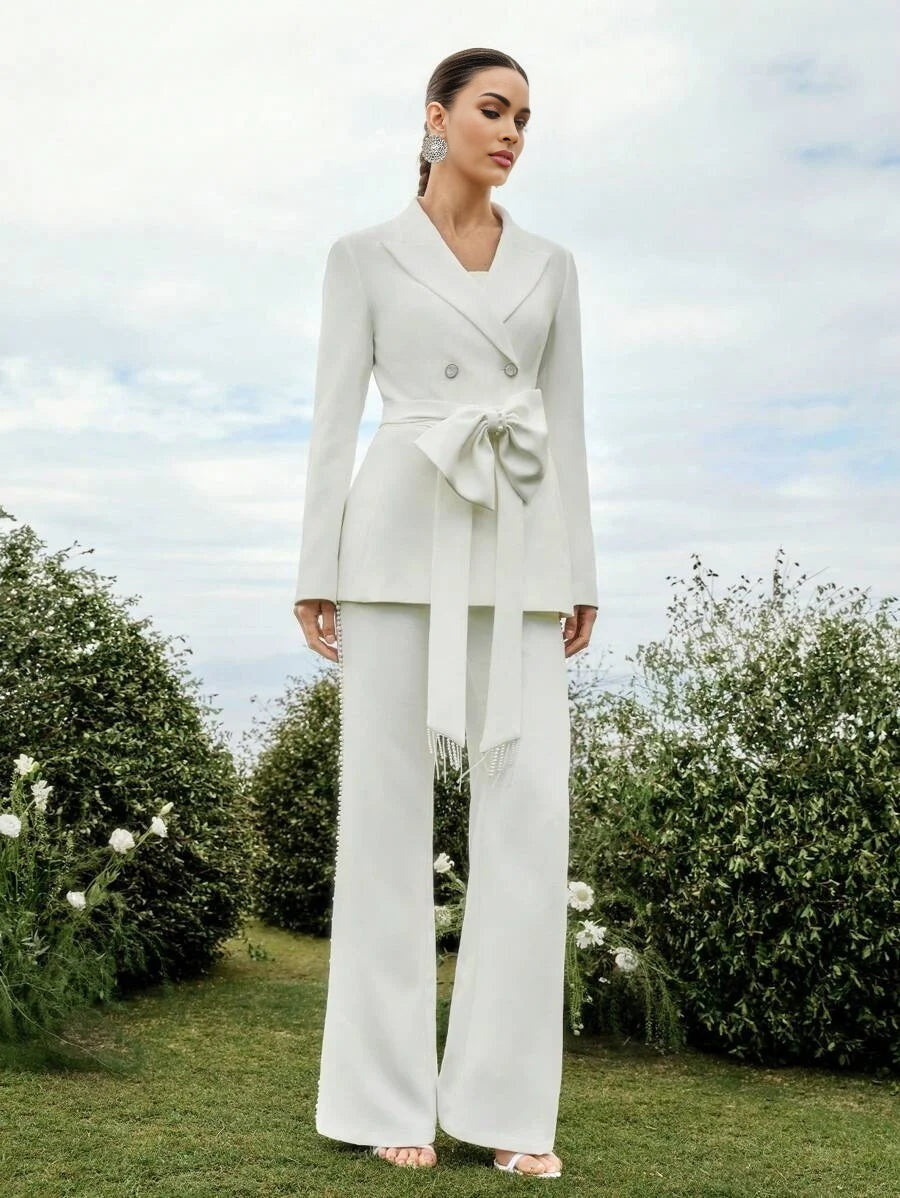 PREMIUM DOUBLE BREASTED BOW DECOR BELTED BLAZER