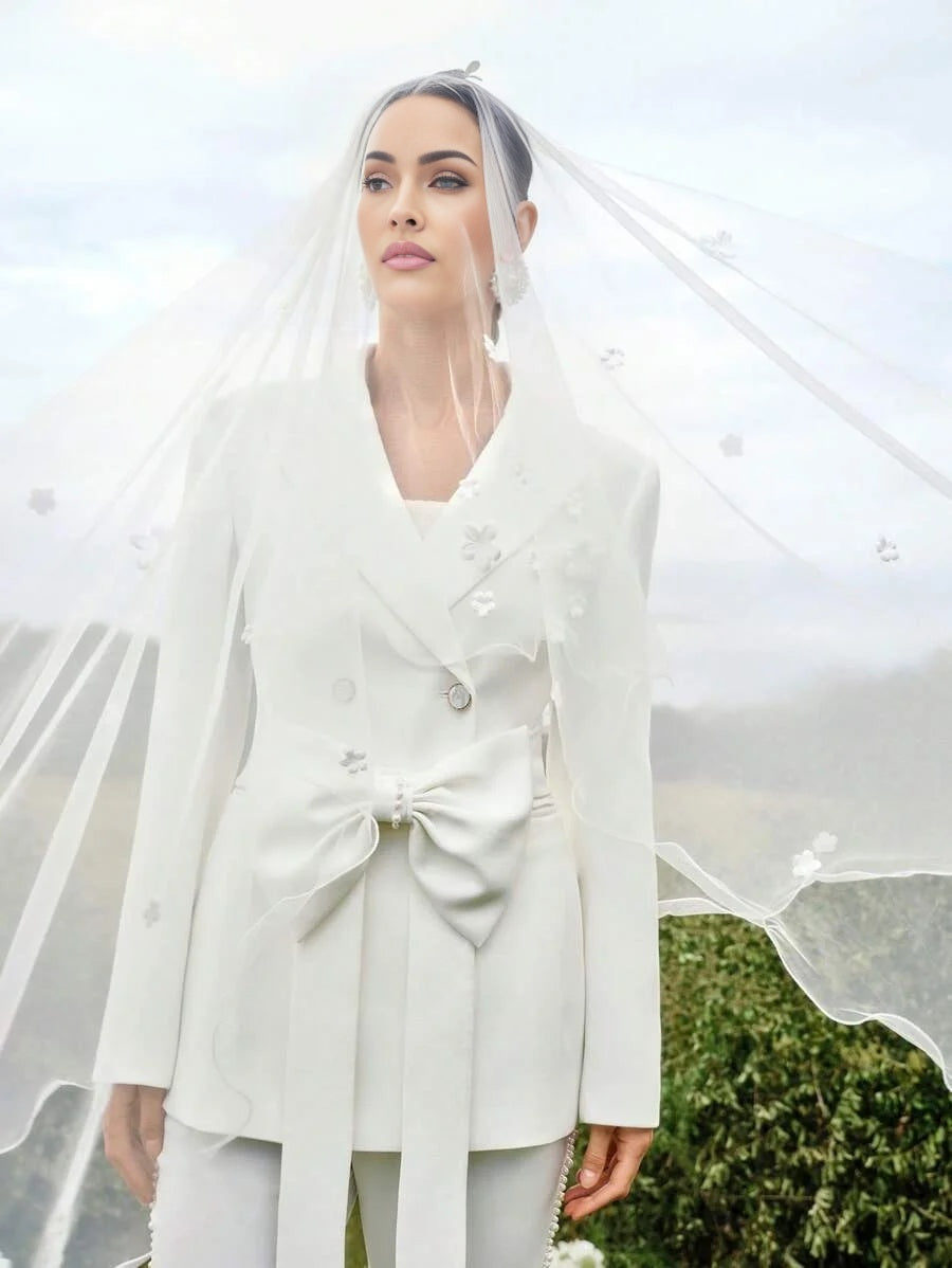 PREMIUM DOUBLE BREASTED BOW DECOR BELTED BLAZER