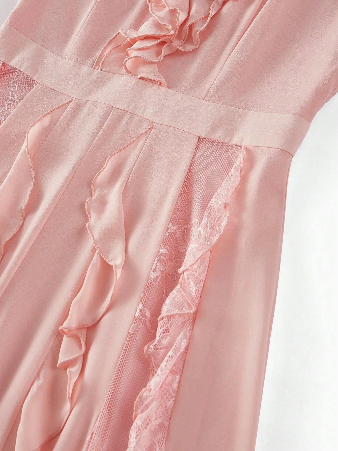 PREMIUM DRAPED CONTRAST LACE RUFFLE TRIM DRESS