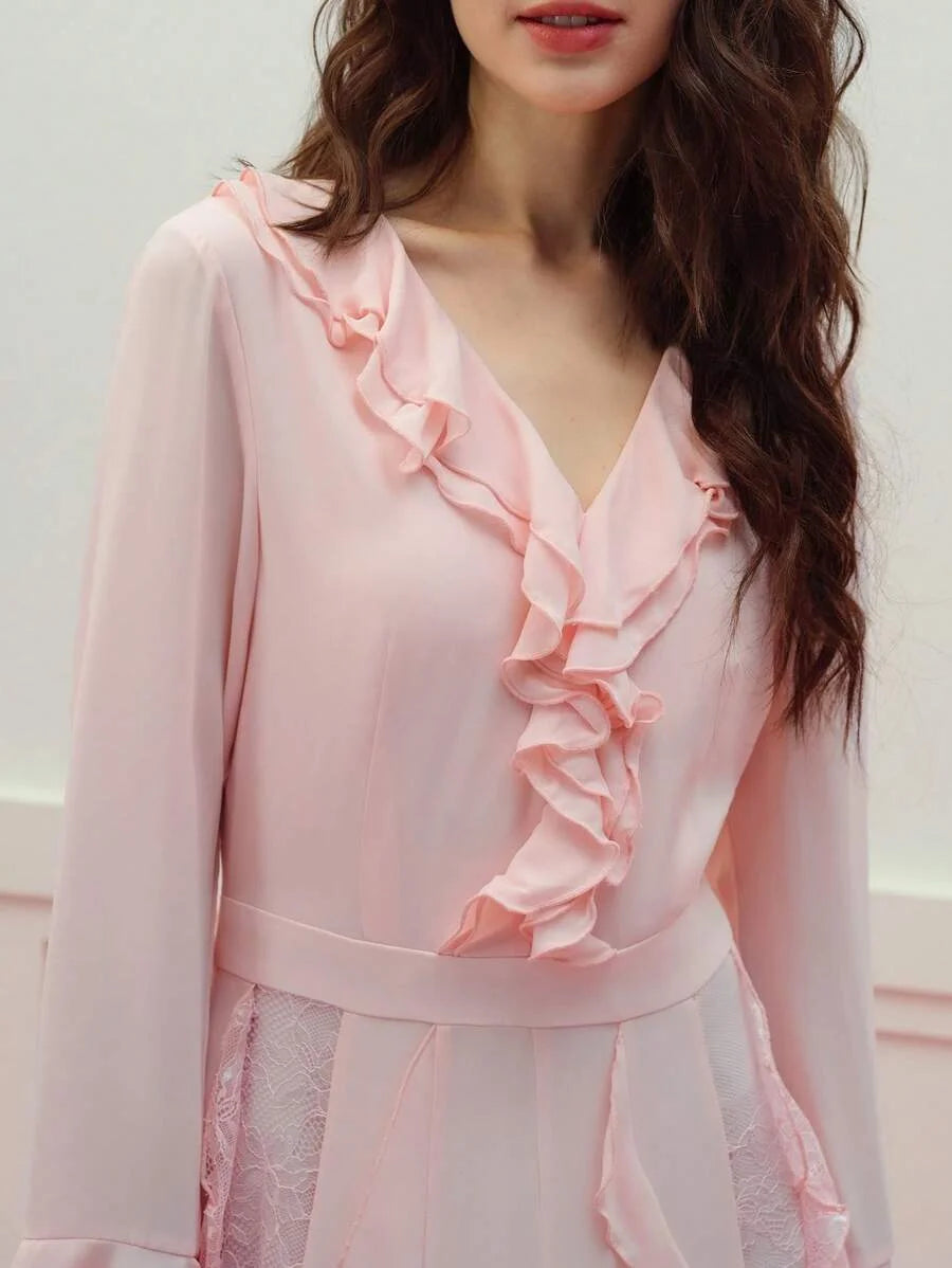 PREMIUM DRAPED CONTRAST LACE RUFFLE TRIM DRESS