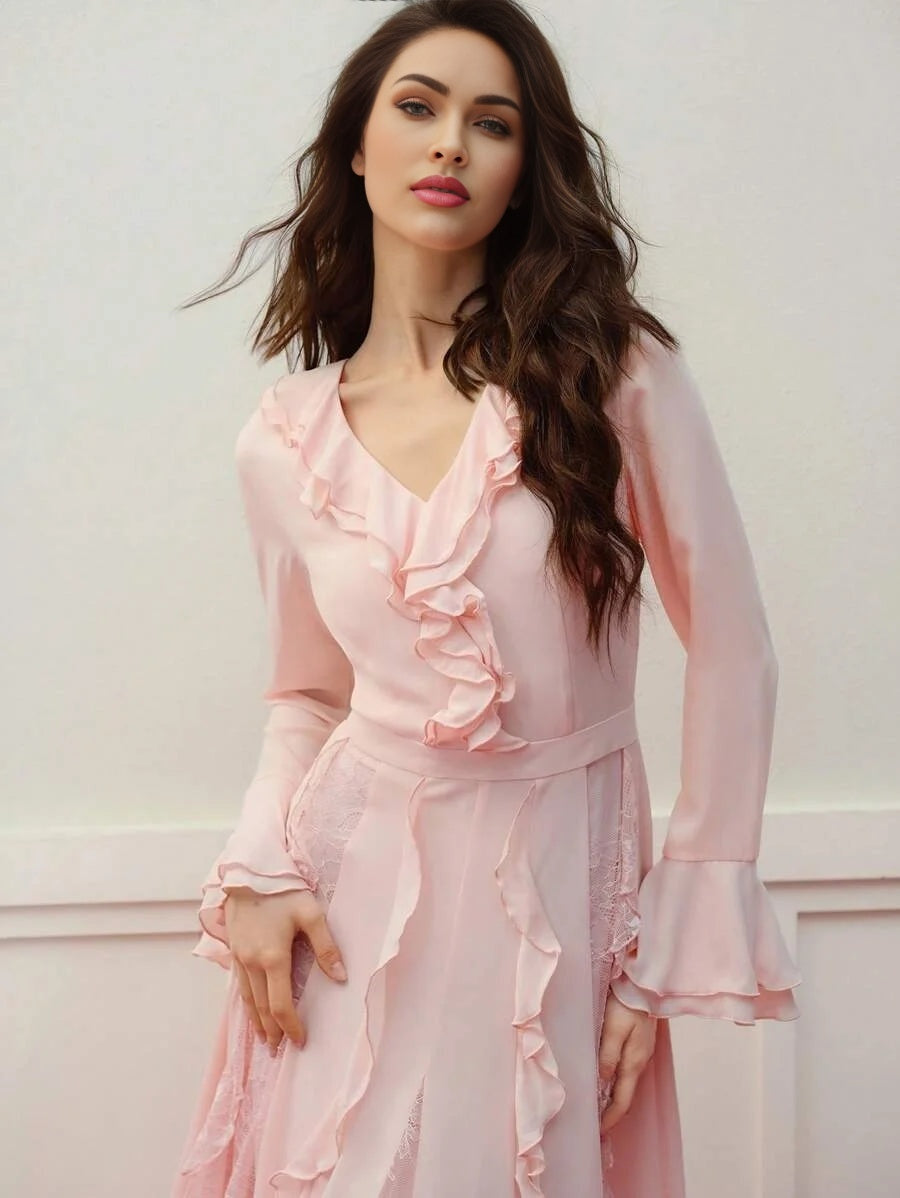 PREMIUM DRAPED CONTRAST LACE RUFFLE TRIM DRESS