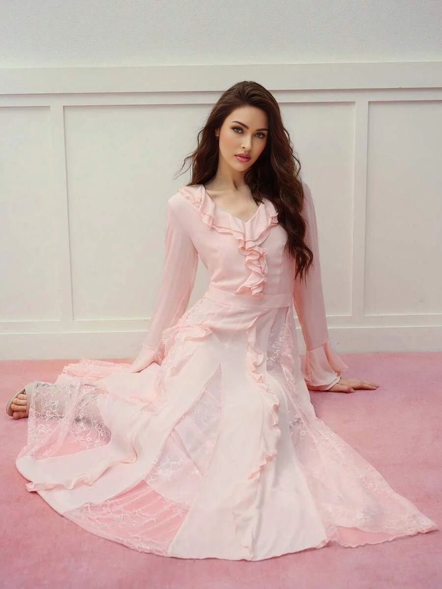 PREMIUM DRAPED CONTRAST LACE RUFFLE TRIM DRESS