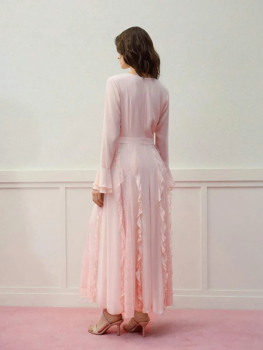 PREMIUM DRAPED CONTRAST LACE RUFFLE TRIM DRESS