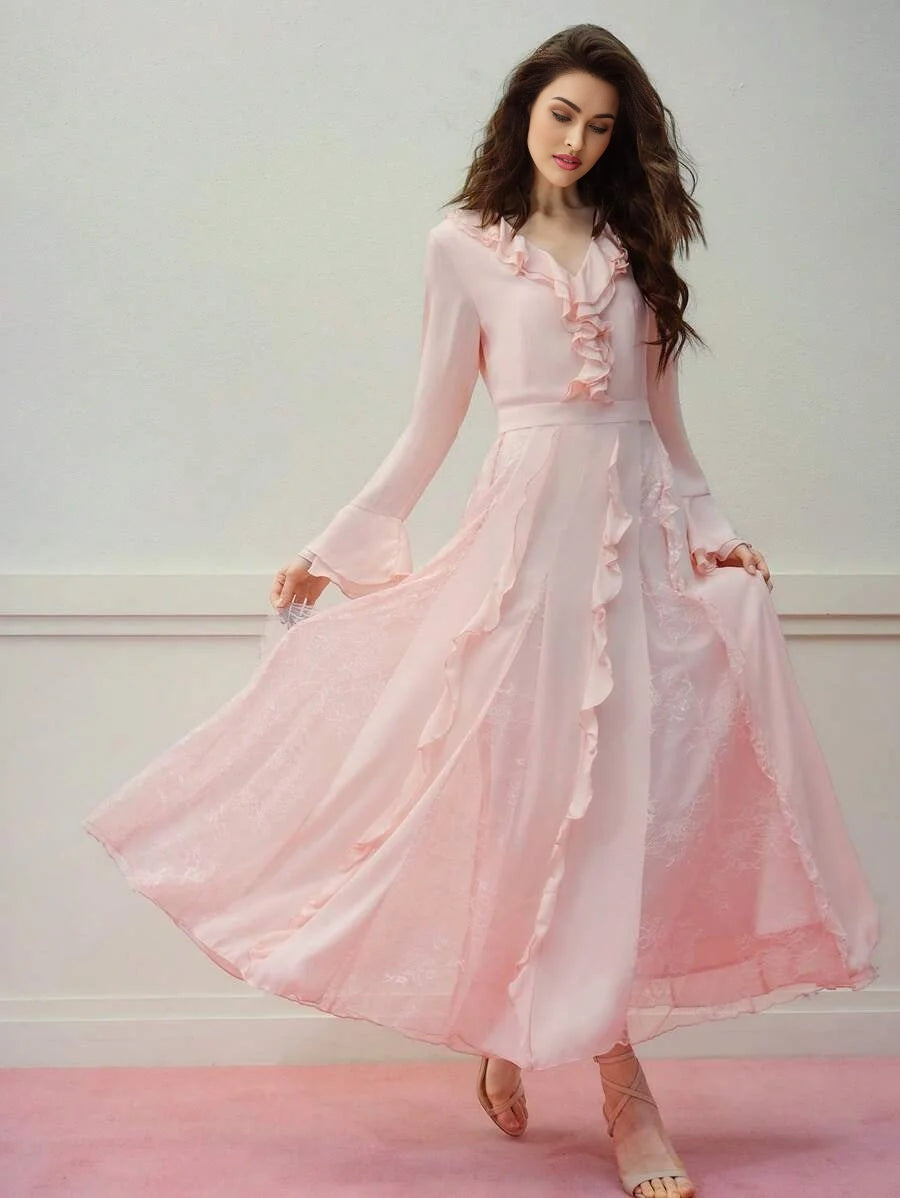 PREMIUM DRAPED CONTRAST LACE RUFFLE TRIM DRESS