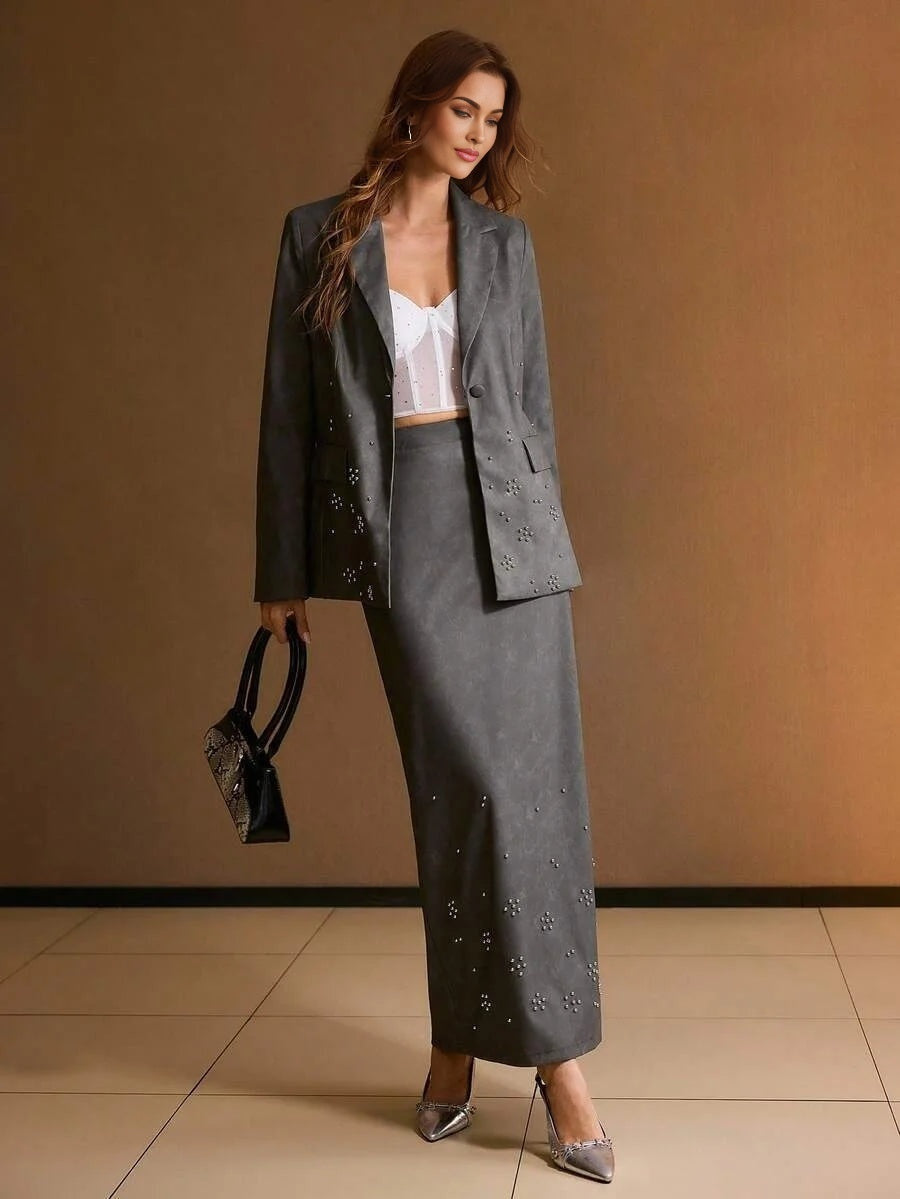 PREMIUM ELEGANT amp CASUAL GRAY PU LEATHER BLAZER WITH RHINESTONE DECOR SUITABLE FOR DAILY WEAR