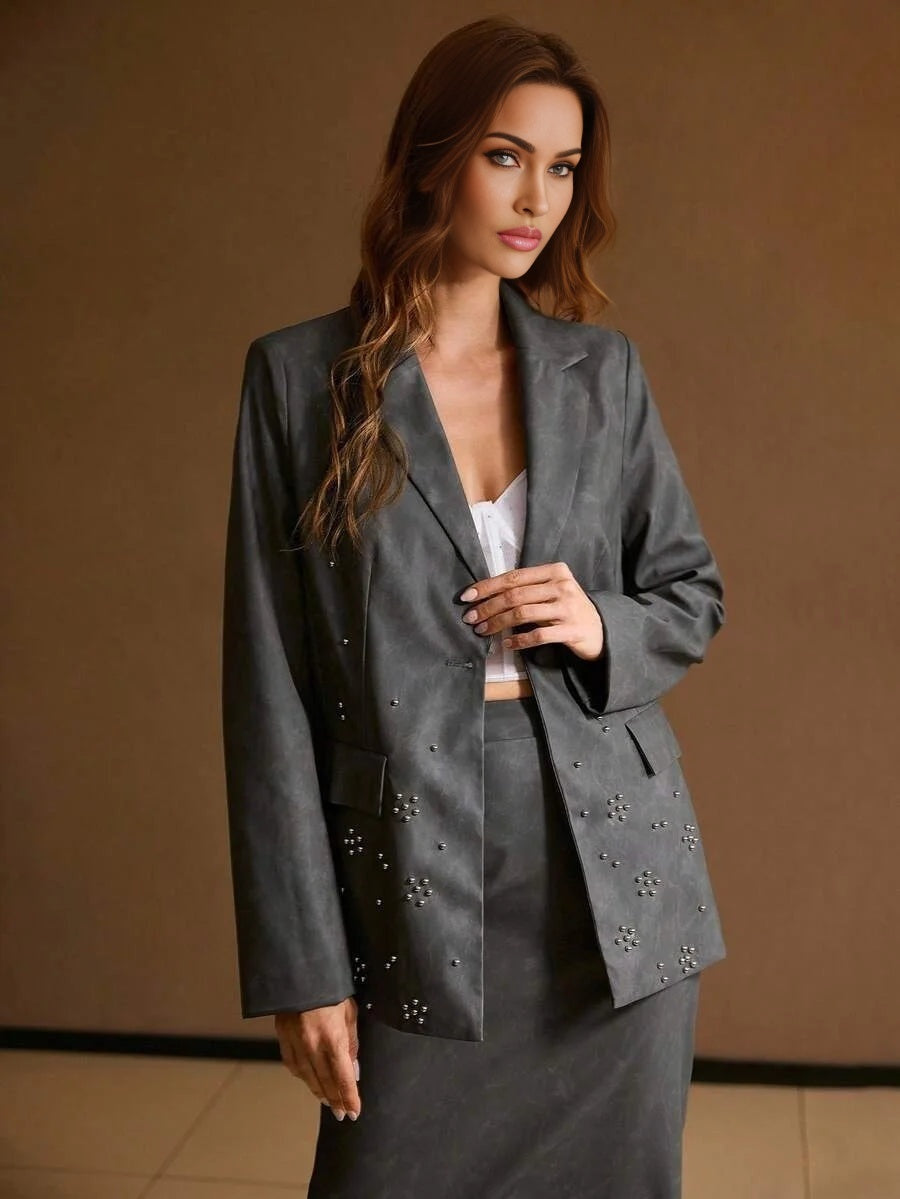 PREMIUM ELEGANT amp CASUAL GRAY PU LEATHER BLAZER WITH RHINESTONE DECOR SUITABLE FOR DAILY WEAR