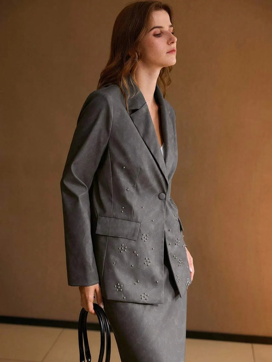 PREMIUM ELEGANT amp CASUAL GRAY PU LEATHER BLAZER WITH RHINESTONE DECOR SUITABLE FOR DAILY WEAR