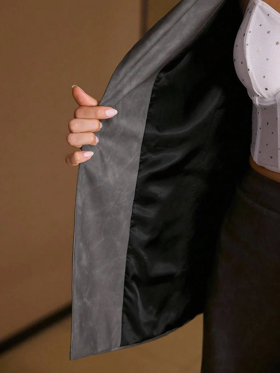 PREMIUM ELEGANT amp CASUAL GRAY PU LEATHER BLAZER WITH RHINESTONE DECOR SUITABLE FOR DAILY WEAR