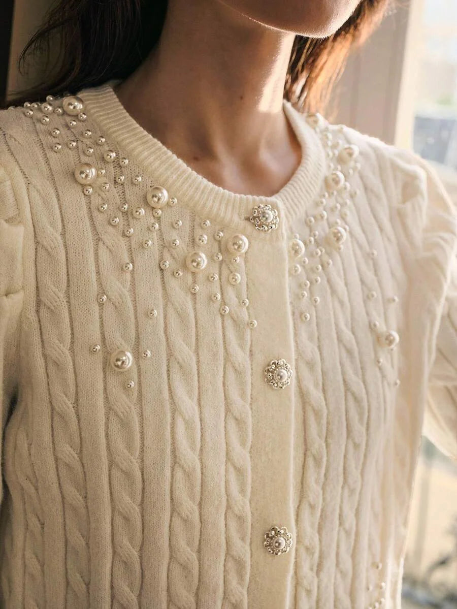 PREMIUM ELEGANT BEADED ROUND NECK LONG SLEEVE KNITTED CARDIGAN AUTUMNWINTER