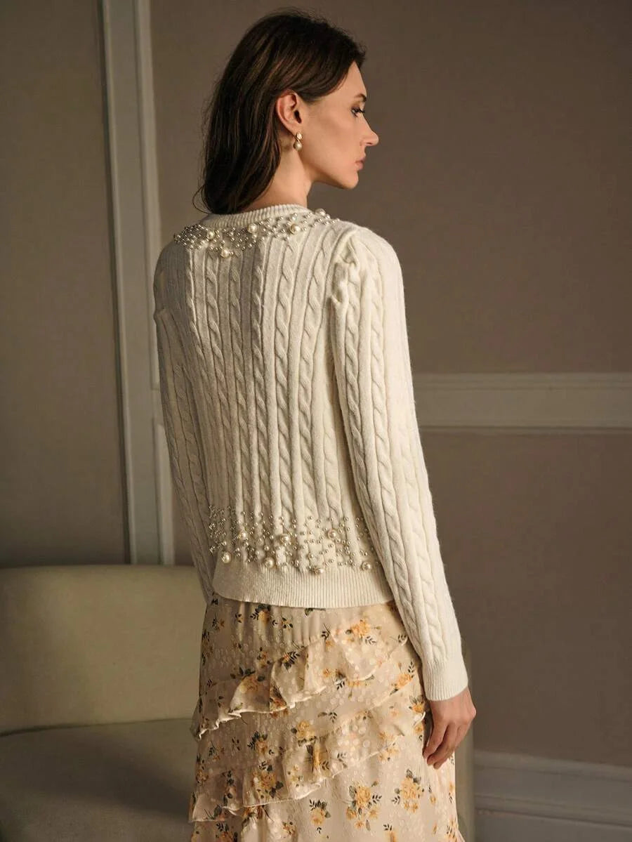 PREMIUM ELEGANT BEADED ROUND NECK LONG SLEEVE KNITTED CARDIGAN AUTUMNWINTER