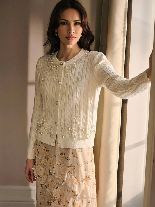 PREMIUM ELEGANT BEADED ROUND NECK LONG SLEEVE KNITTED CARDIGAN AUTUMNWINTER
