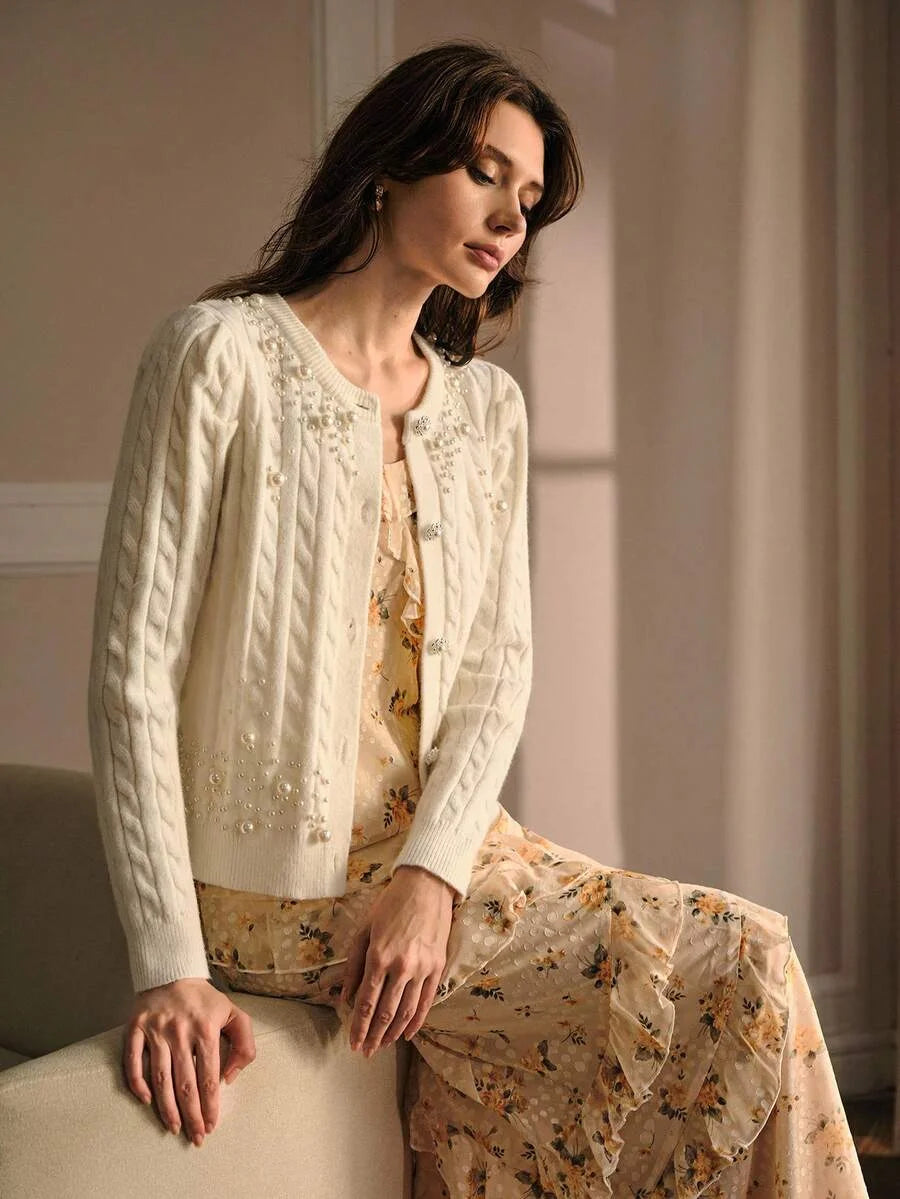 PREMIUM ELEGANT BEADED ROUND NECK LONG SLEEVE KNITTED CARDIGAN AUTUMNWINTER