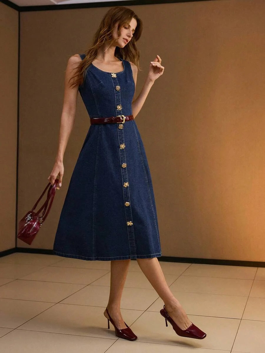 PREMIUM ELEGANT CASUAL COMMUTER METAL BUTTON WAIST DENIM MIDI DRESS