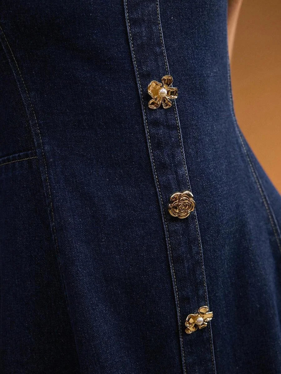 PREMIUM ELEGANT CASUAL COMMUTER METAL BUTTON WAIST DENIM MIDI DRESS