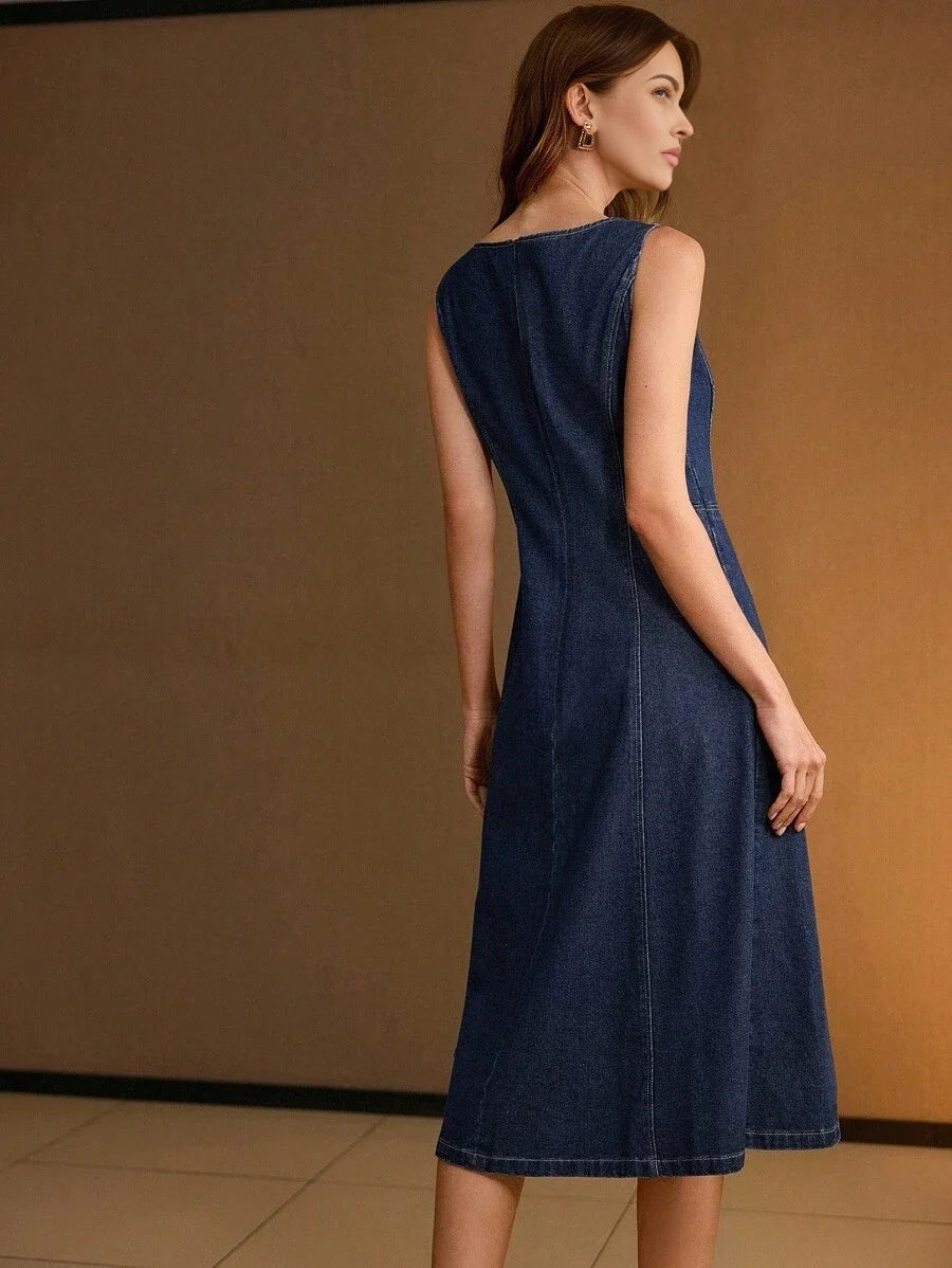 PREMIUM ELEGANT CASUAL COMMUTER METAL BUTTON WAIST DENIM MIDI DRESS
