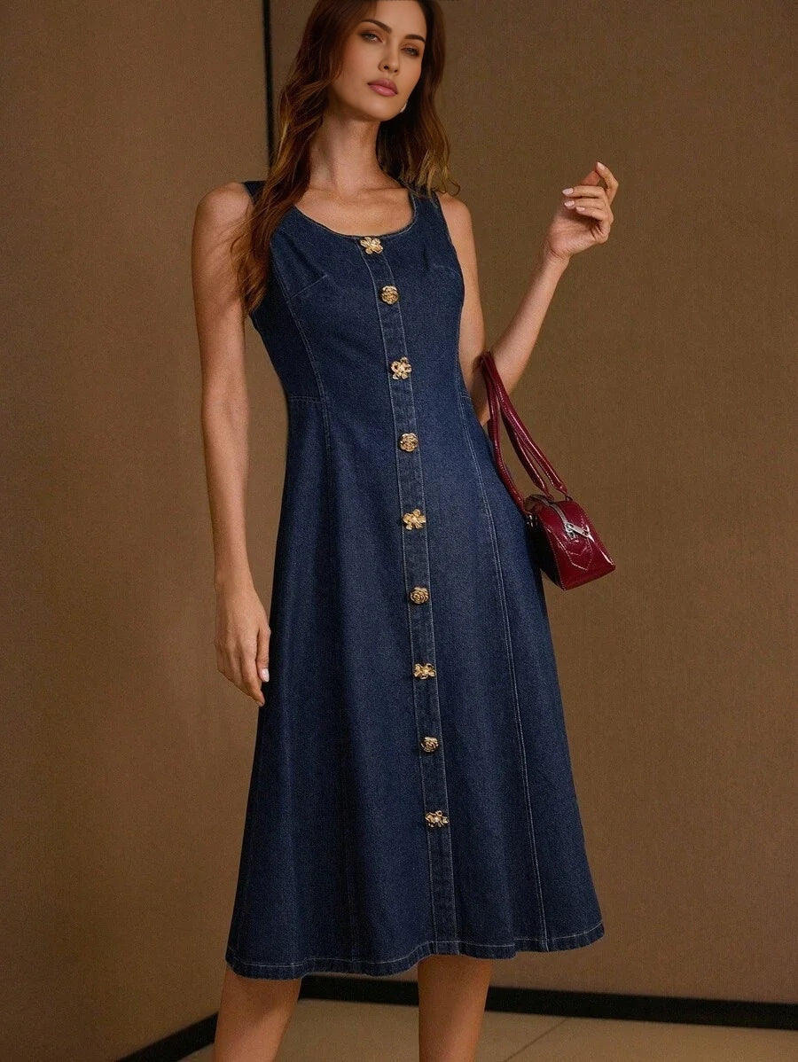 PREMIUM ELEGANT CASUAL COMMUTER METAL BUTTON WAIST DENIM MIDI DRESS