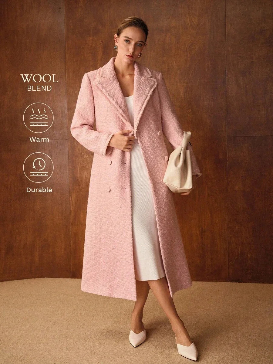 PREMIUM ELEGANT DATE NIGHT ROMANTIC THICK TWEED CINCHED WAIST ALINE LONG WOOL OVERCOAT AUTUMNWINTER
