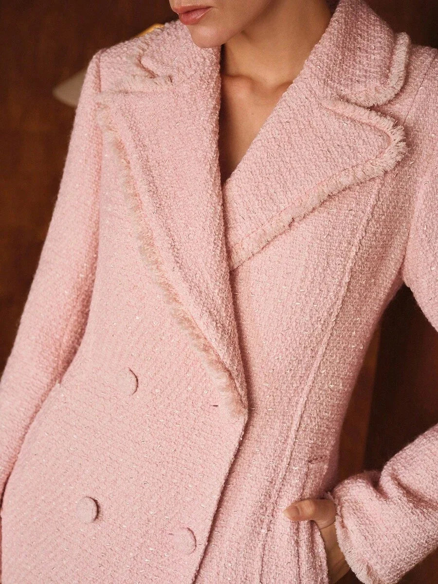 PREMIUM ELEGANT DATE NIGHT ROMANTIC THICK TWEED CINCHED WAIST ALINE LONG WOOL OVERCOAT AUTUMNWINTER