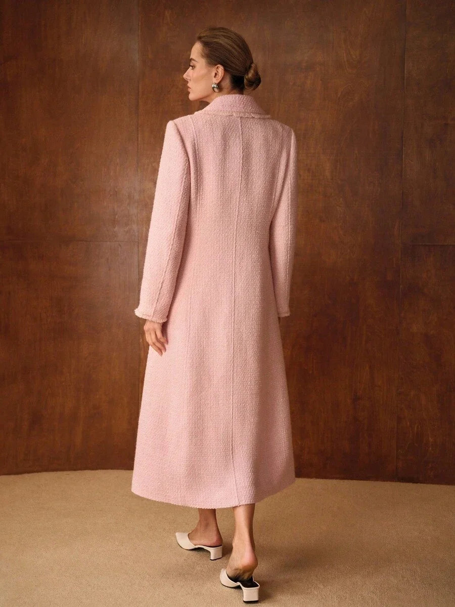 PREMIUM ELEGANT DATE NIGHT ROMANTIC THICK TWEED CINCHED WAIST ALINE LONG WOOL OVERCOAT AUTUMNWINTER