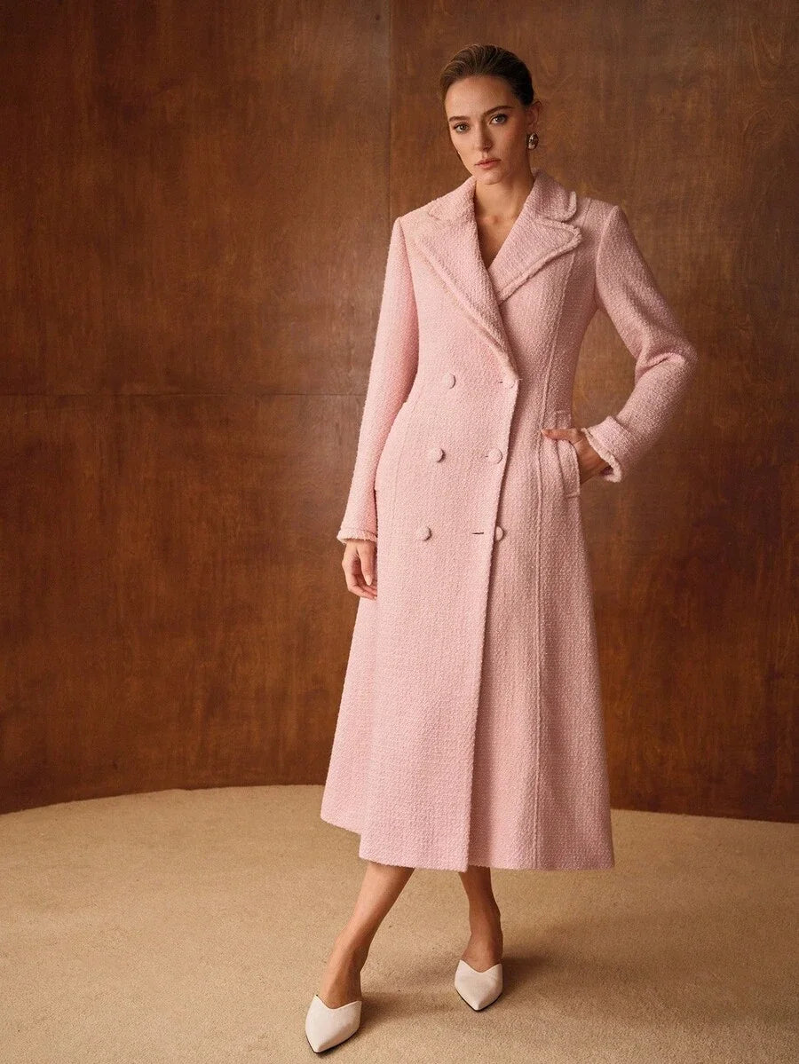 PREMIUM ELEGANT DATE NIGHT ROMANTIC THICK TWEED CINCHED WAIST ALINE LONG WOOL OVERCOAT AUTUMNWINTER