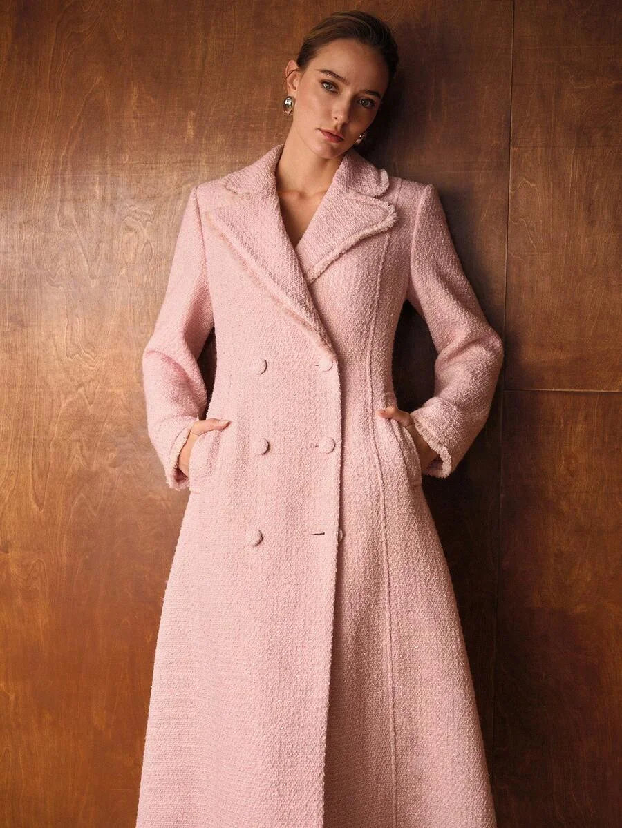PREMIUM ELEGANT DATE NIGHT ROMANTIC THICK TWEED CINCHED WAIST ALINE LONG WOOL OVERCOAT AUTUMNWINTER