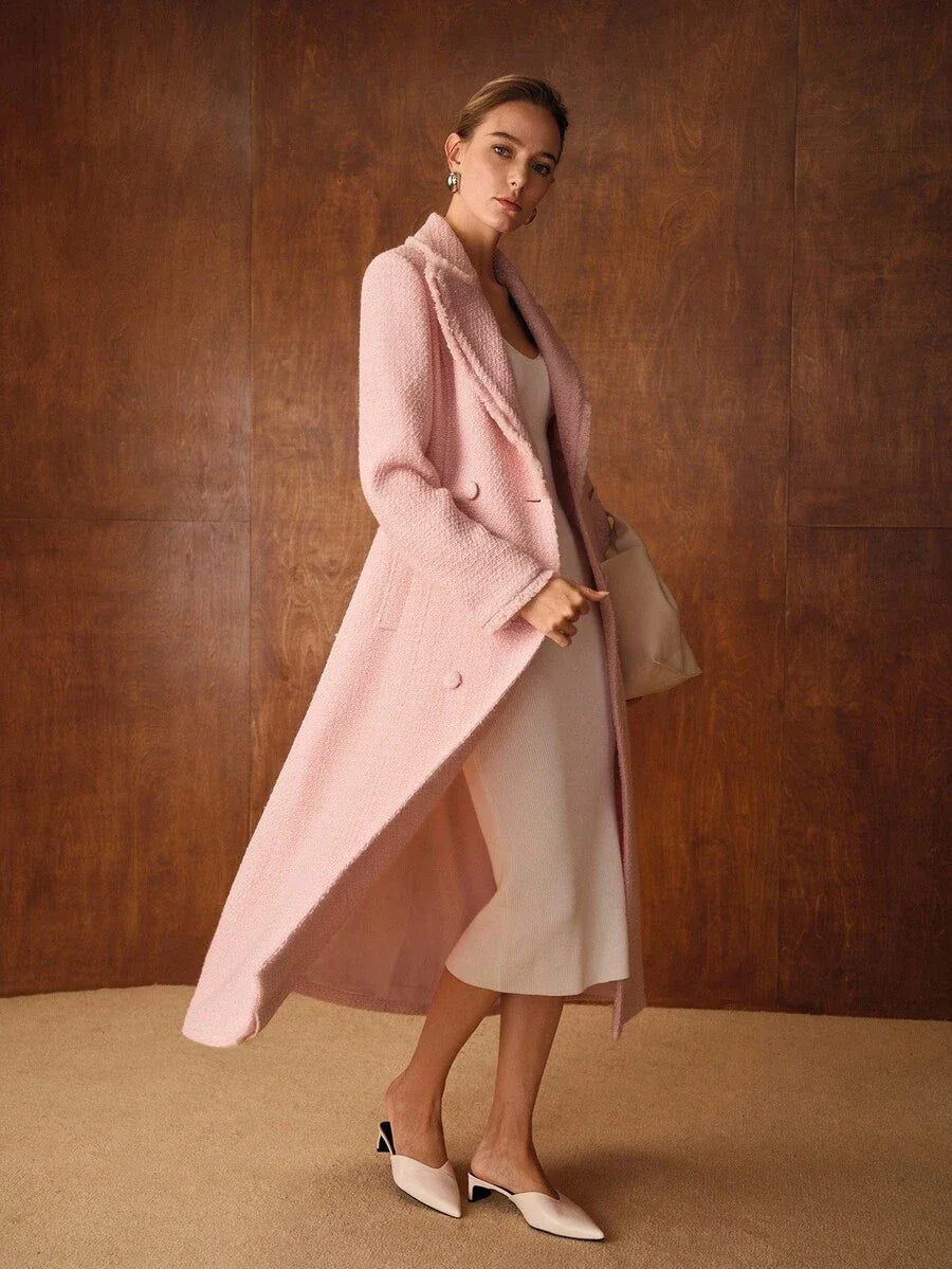 PREMIUM ELEGANT DATE NIGHT ROMANTIC THICK TWEED CINCHED WAIST ALINE LONG WOOL OVERCOAT AUTUMNWINTER