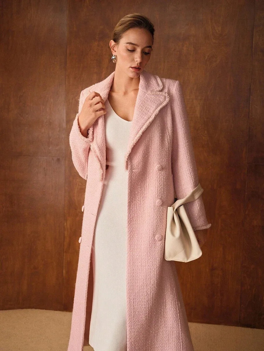 PREMIUM ELEGANT DATE NIGHT ROMANTIC THICK TWEED CINCHED WAIST ALINE LONG WOOL OVERCOAT AUTUMNWINTER