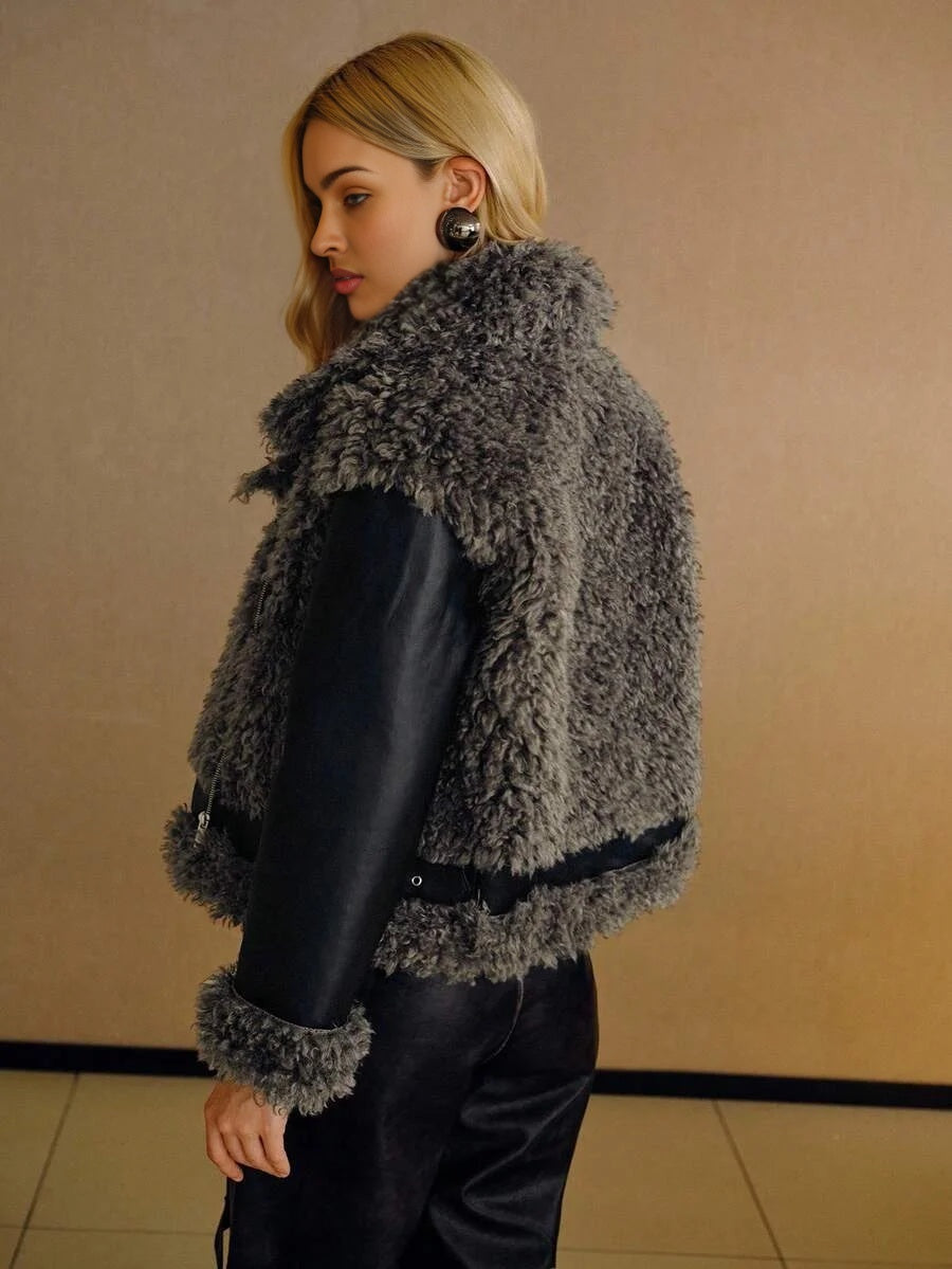 PREMIUM ELEGANT FAUX FUR COLLAR PATCHWORK SHORT JACKET AUTUMNWINTER