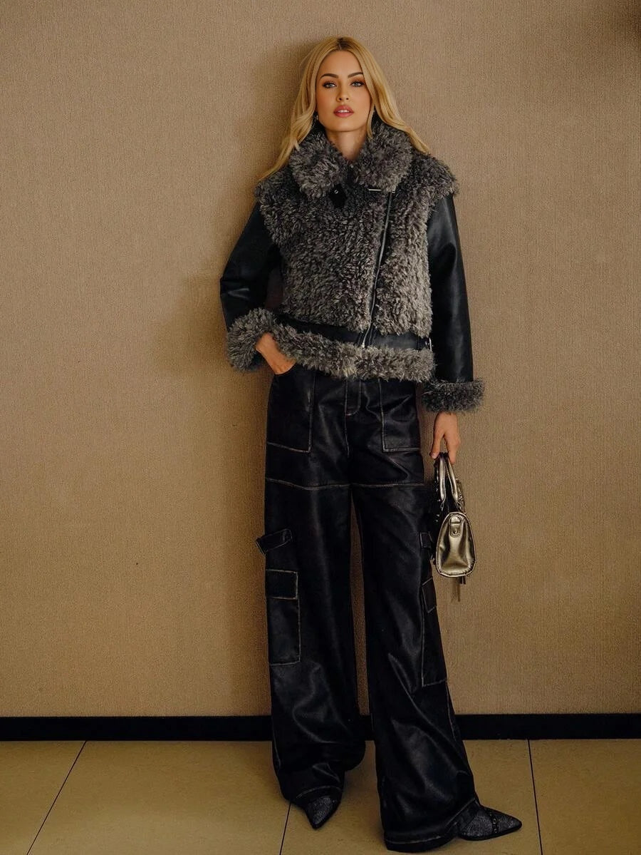 PREMIUM ELEGANT FAUX FUR COLLAR PATCHWORK SHORT JACKET AUTUMNWINTER